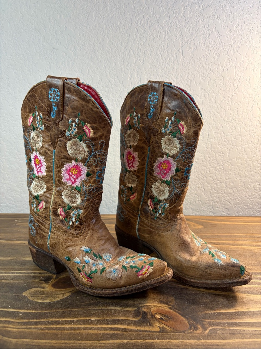 Macie Bean Embroidered Floral Brown Leather Snip Toe Western Boots Women Sz 5